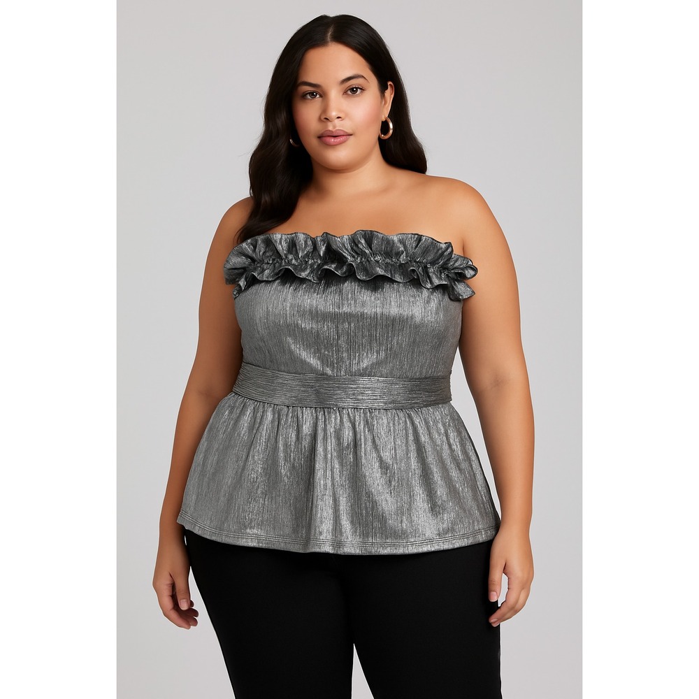 Gabrielle Union Silver Metallic Strapless Peplum Top‎ XL Ruffle Modern Glam Chic